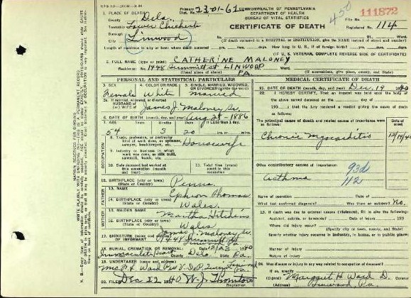 Katherine Thomas Maloney - Death Certificate.jpg - 1940 Katherine Thomas Maloney - Death Certificate; wife of James J. Maloney, Sr.